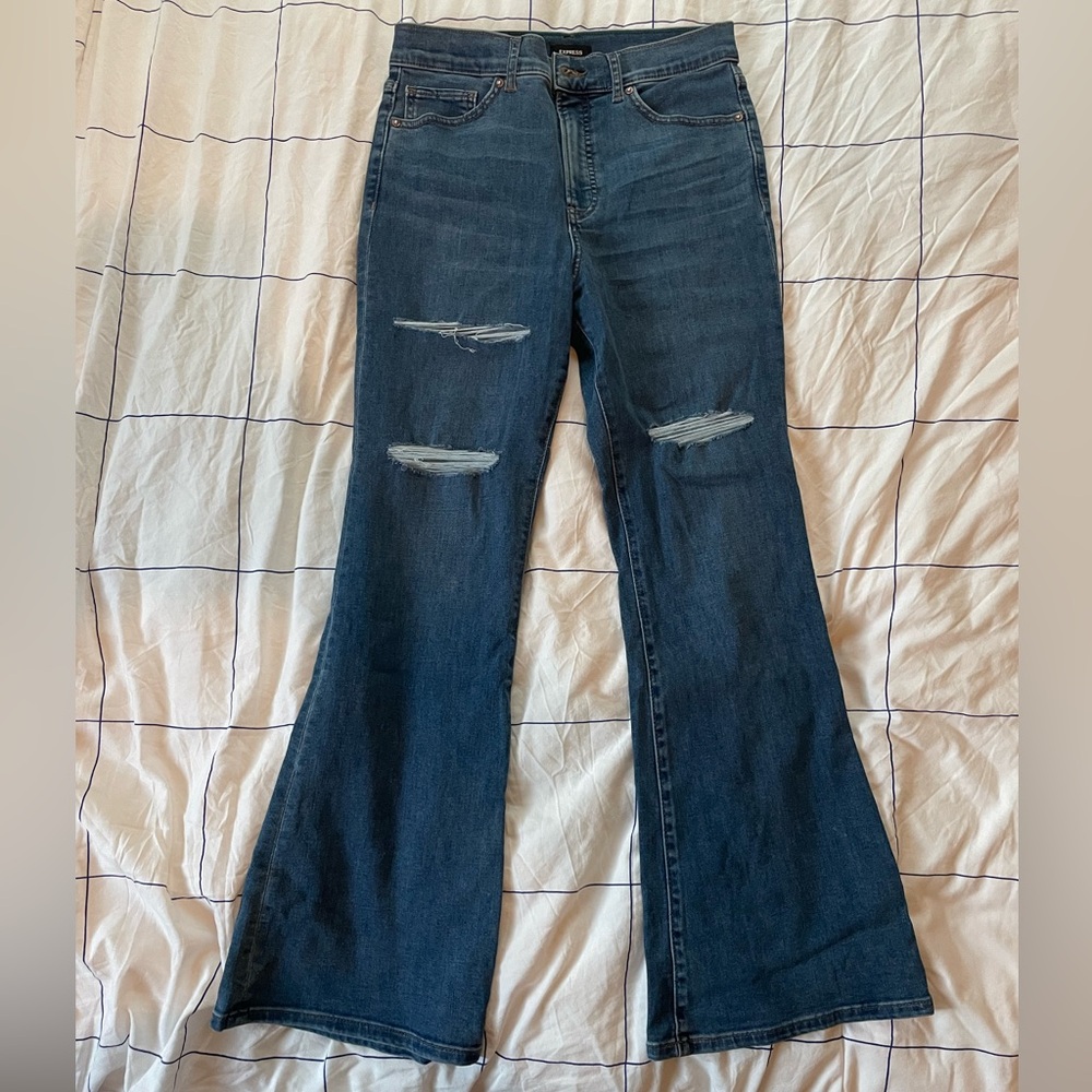 Express Denim distress Blue Flare Jeans